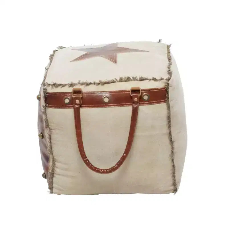 Rustic Leather & Canvas Foot Stool Ottoman, Vintage Style Accent Footrest