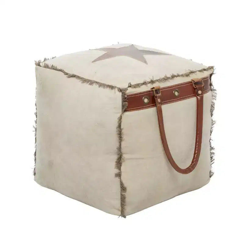 Rustikaler Fußhocker aus Leder und Canvas, Ottomanen-Hocker im Vintage-Stil