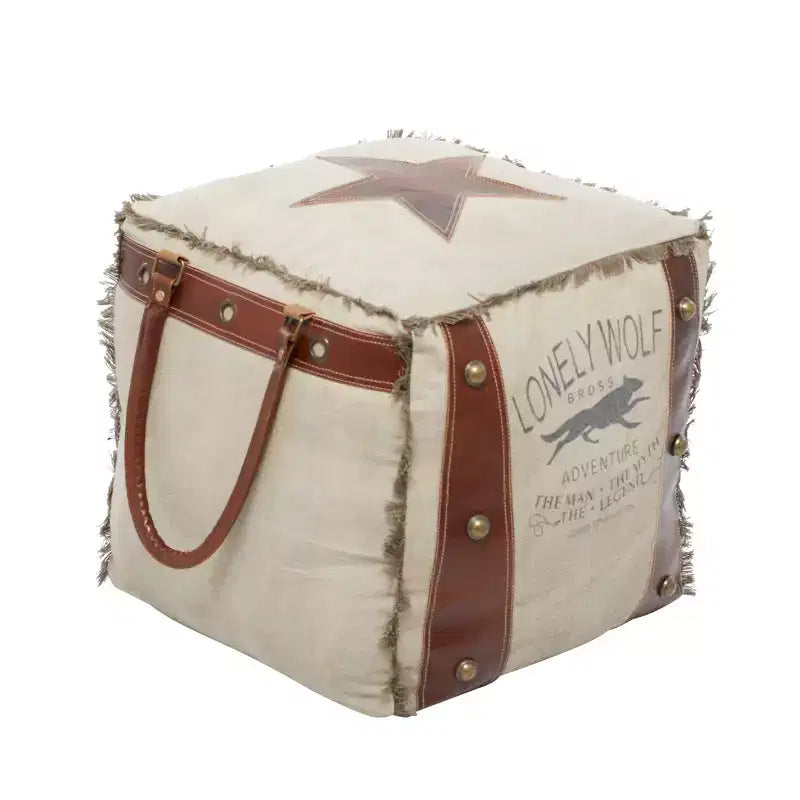 Rustikaler Fußhocker aus Leder und Canvas, Ottomanen-Hocker im Vintage-Stil