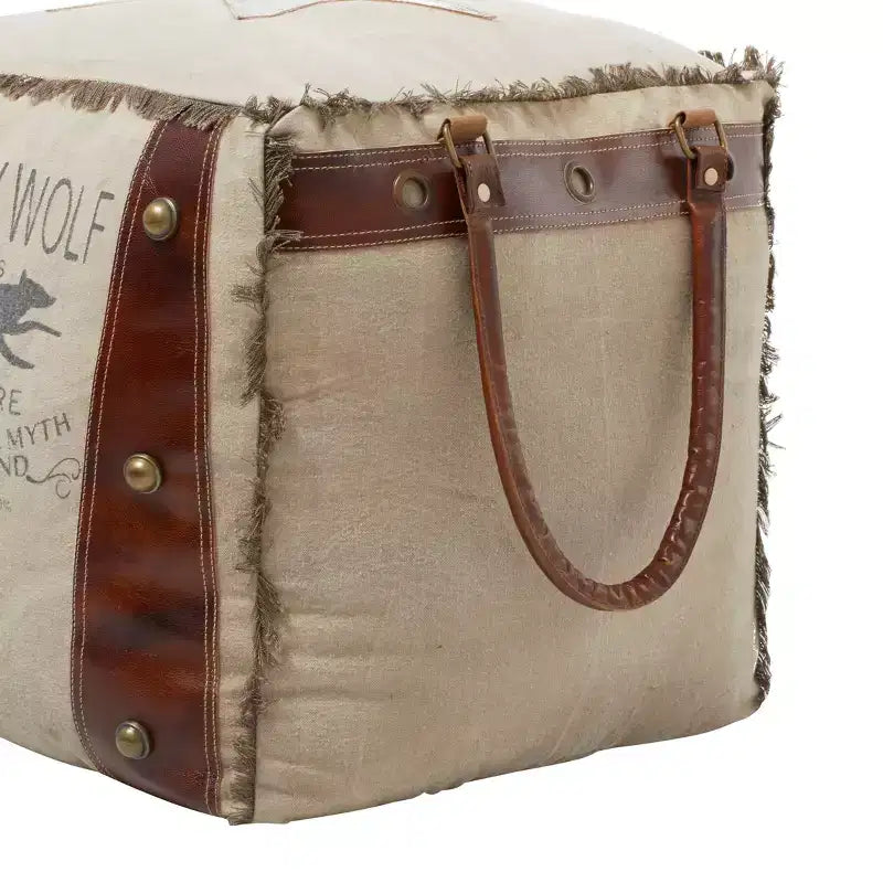 Rustikaler Fußhocker aus Leder und Canvas, Ottomanen-Hocker im Vintage-Stil